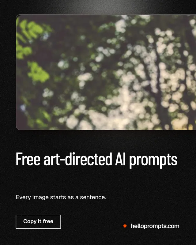 Instagram portrait post for HelloPrompts: "Free art-directed AI prompts". Dark deco style, bottom layout, dark palette in grey, black.
