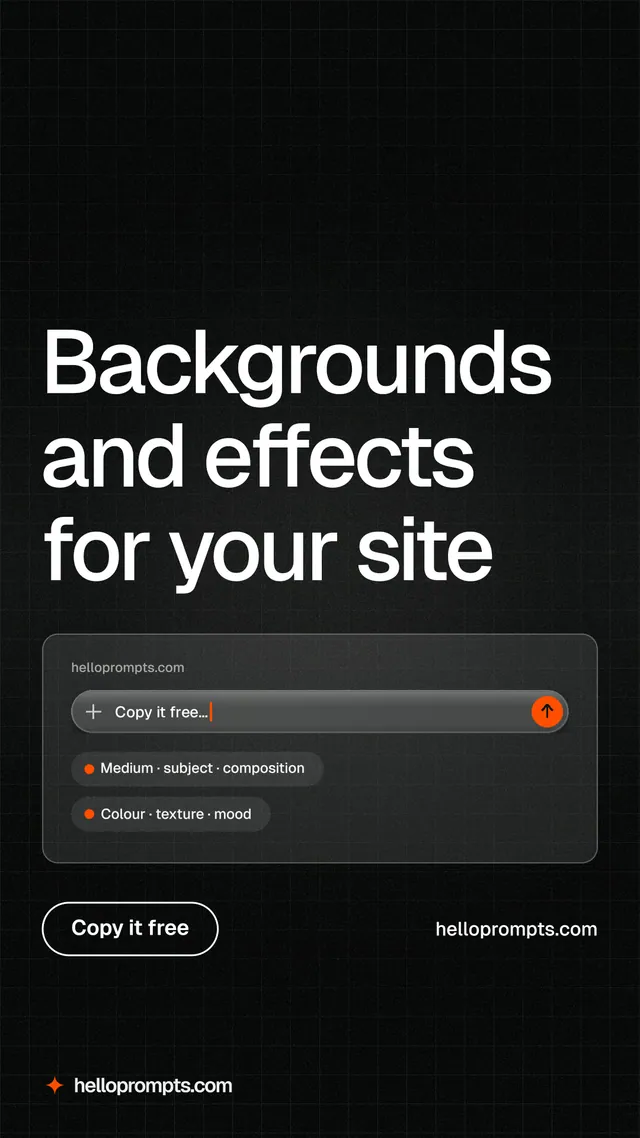 Instagram story for HelloPrompts: "Backgrounds and effects for your site". Phosphor atlas style, poster layout, dark palette in black, grey.