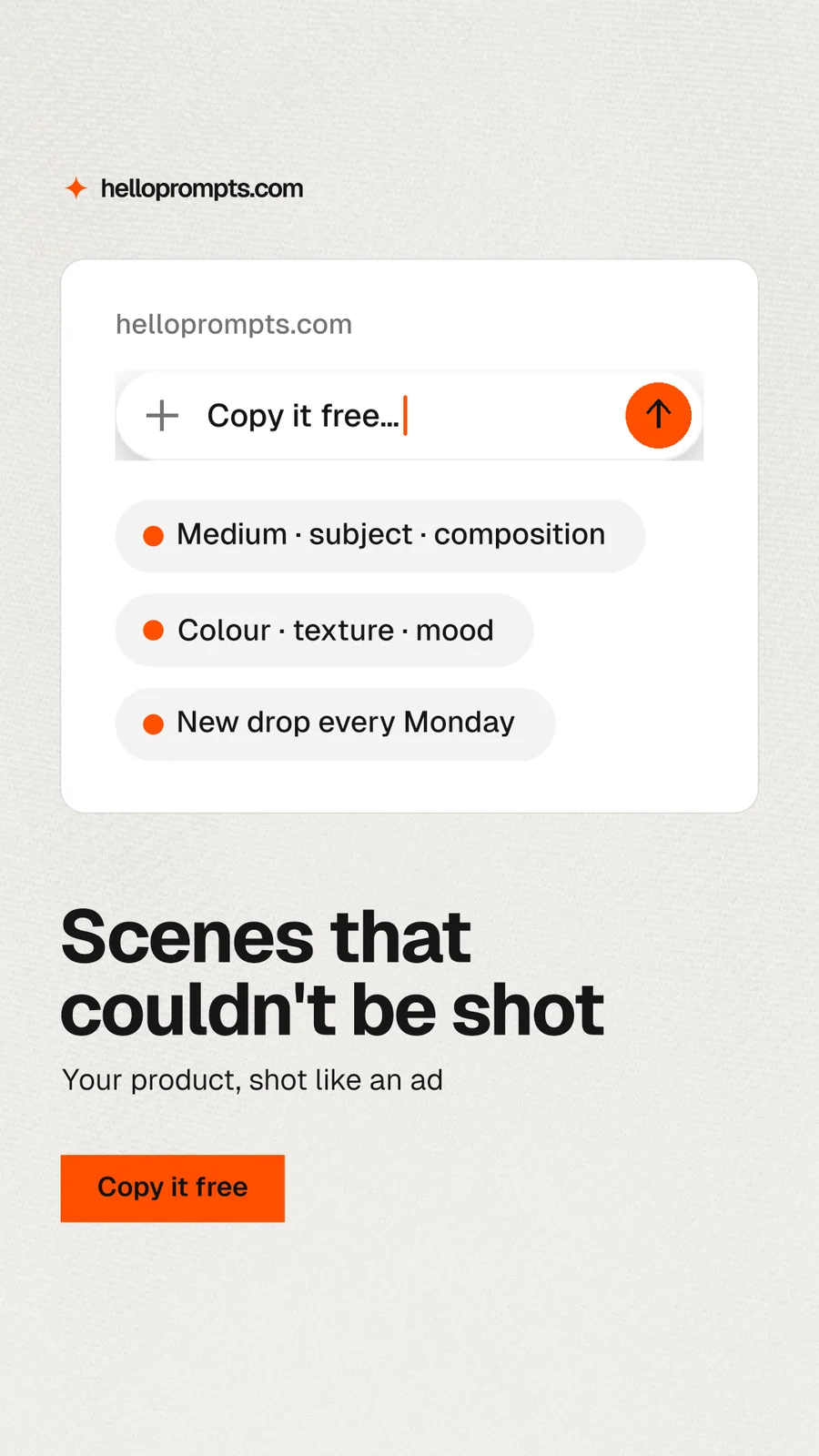 Instagram story for HelloPrompts: "Scenes that couldn't be shot". Swiss style, bottom layout, light palette in white, orange.
