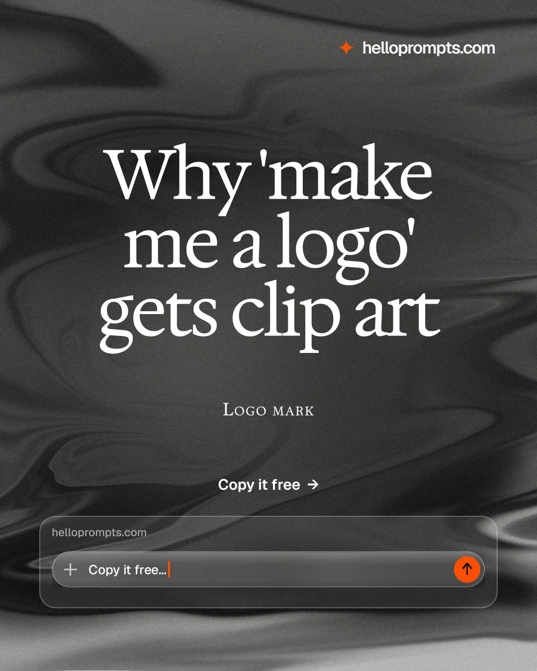 Instagram portrait post for HelloPrompts: "Why 'make me a logo' gets clip art". Swiss style, smallcaps layout, dark palette in grey, black.