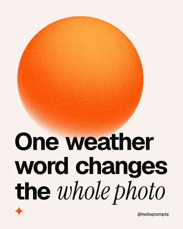 Instagram portrait post for HelloPrompts: "One weather word changes the whole photo". Auto 4x5 style, technique:shader field layout, light palette in white, orange.