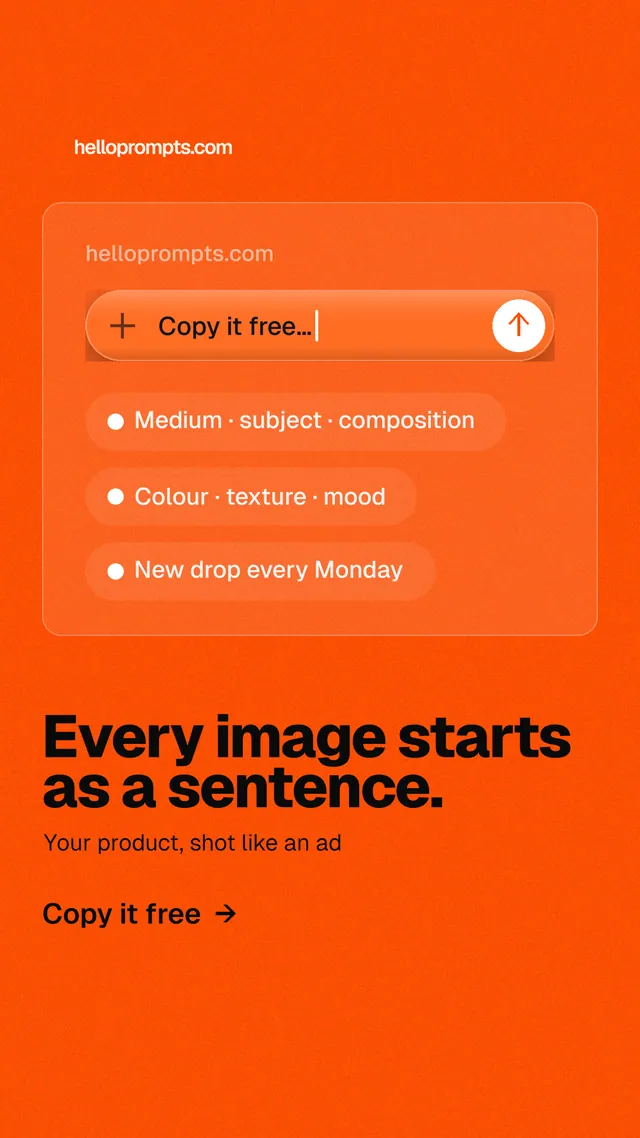 Instagram story for HelloPrompts: "Every image starts as a sentence." Turn card style, bottom layout, light palette in orange.