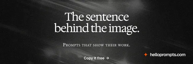 X header for HelloPrompts: "The sentence behind the image." Dark deco style, smallcaps layout, dark palette in black, grey.