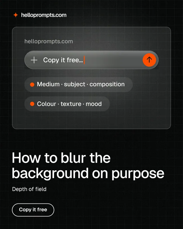 Instagram portrait post for HelloPrompts: "How to blur the background on purpose". Phosphor atlas style, bottom layout, dark palette in black, grey.
