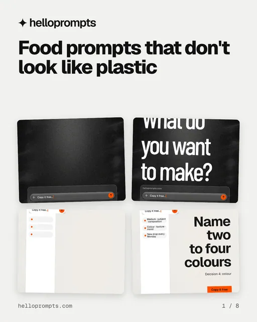Carousel for HelloPrompts: "Food prompts that don't look like plastic". Collection carousel, 8 slides, light palette.