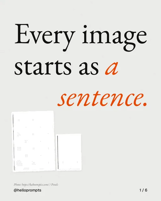 Carousel for HelloPrompts: "Every image starts as a sentence.". Cutout essay, 6 slides, light palette.