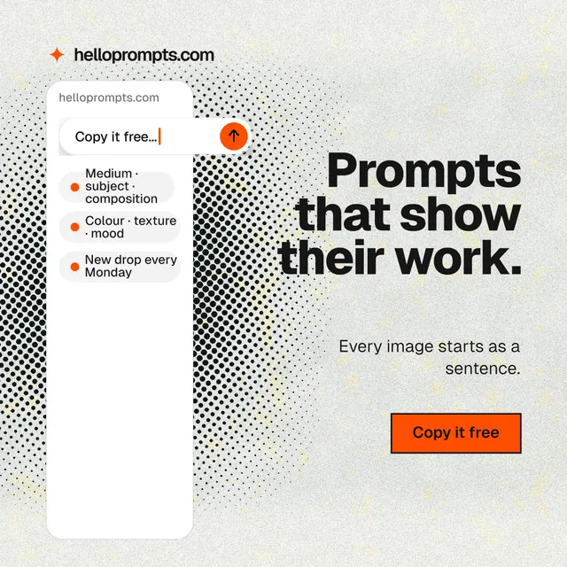 Instagram post for HelloPrompts: "Prompts that show their work." Ink sticker style, right layout, light palette in white, grey.