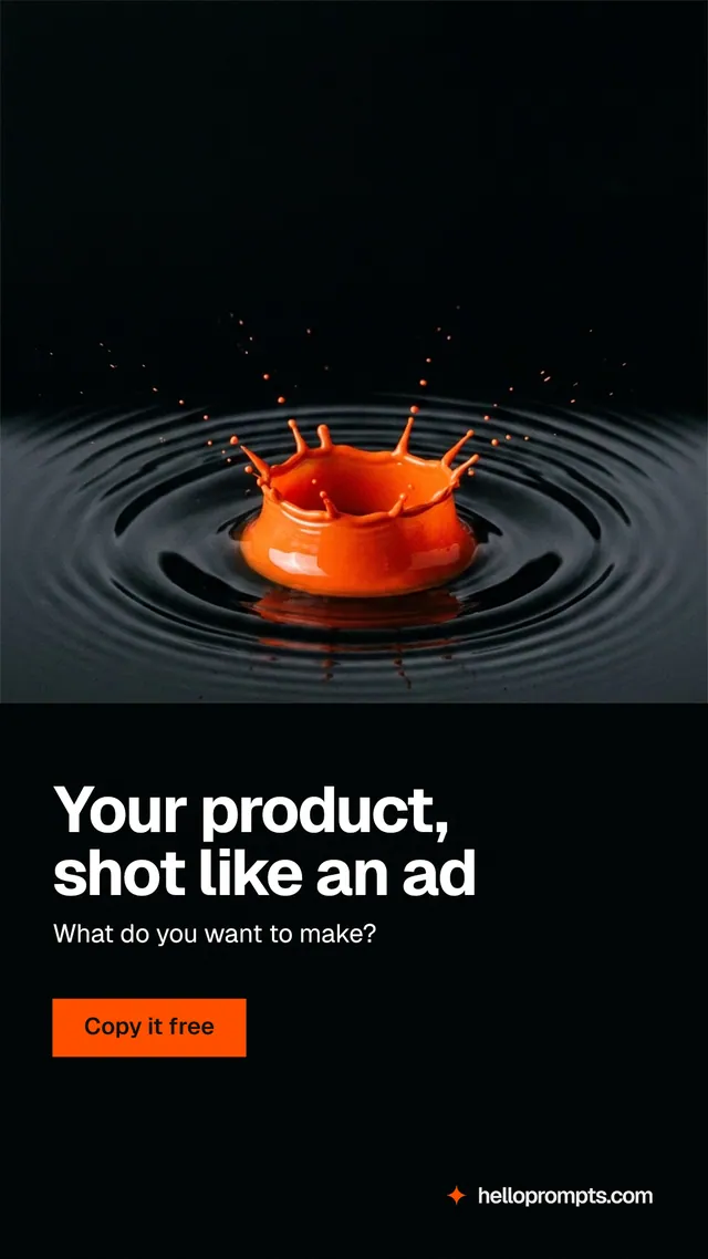 Instagram story for HelloPrompts: "Your product, shot like an ad". Swiss style, bottom layout, dark palette in black, grey.