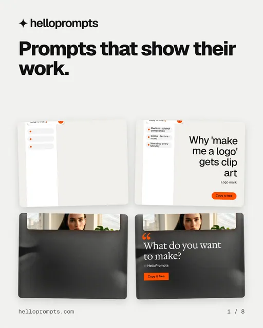 Carousel for HelloPrompts: "Prompts that show their work.". Collection carousel, 8 slides, light palette.