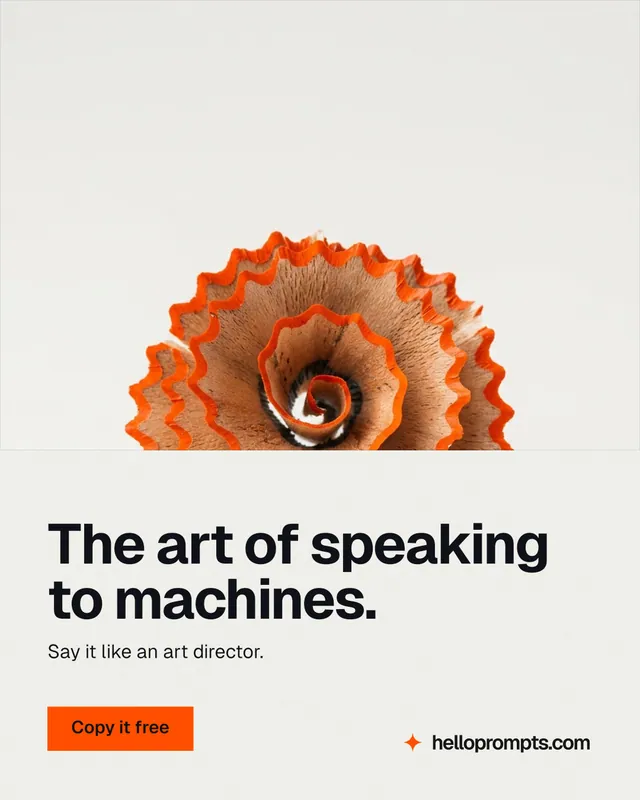 Instagram portrait post for HelloPrompts: "The art of speaking to machines." Swiss style, bottom layout, light palette in white, brown.