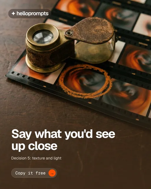 Video for HelloPrompts: "Say what you'd see up close". Doc motion loop, 6.0 s, dark palette.
