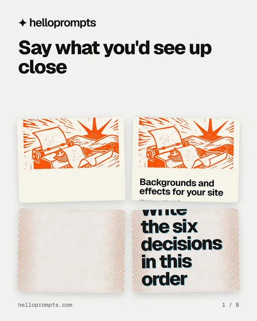 Carousel for HelloPrompts: "Say what you'd see up close". Collection carousel, 8 slides, light palette.
