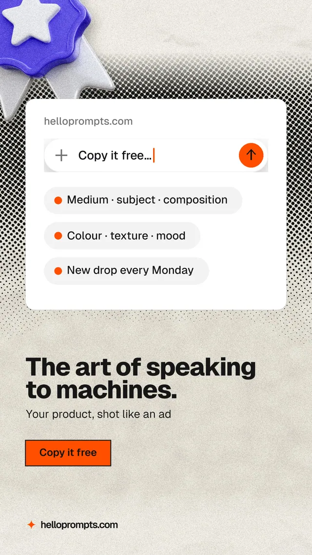 Instagram story for HelloPrompts: "The art of speaking to machines." Ink sticker style, bottom layout, light palette in white, yellow, grey.