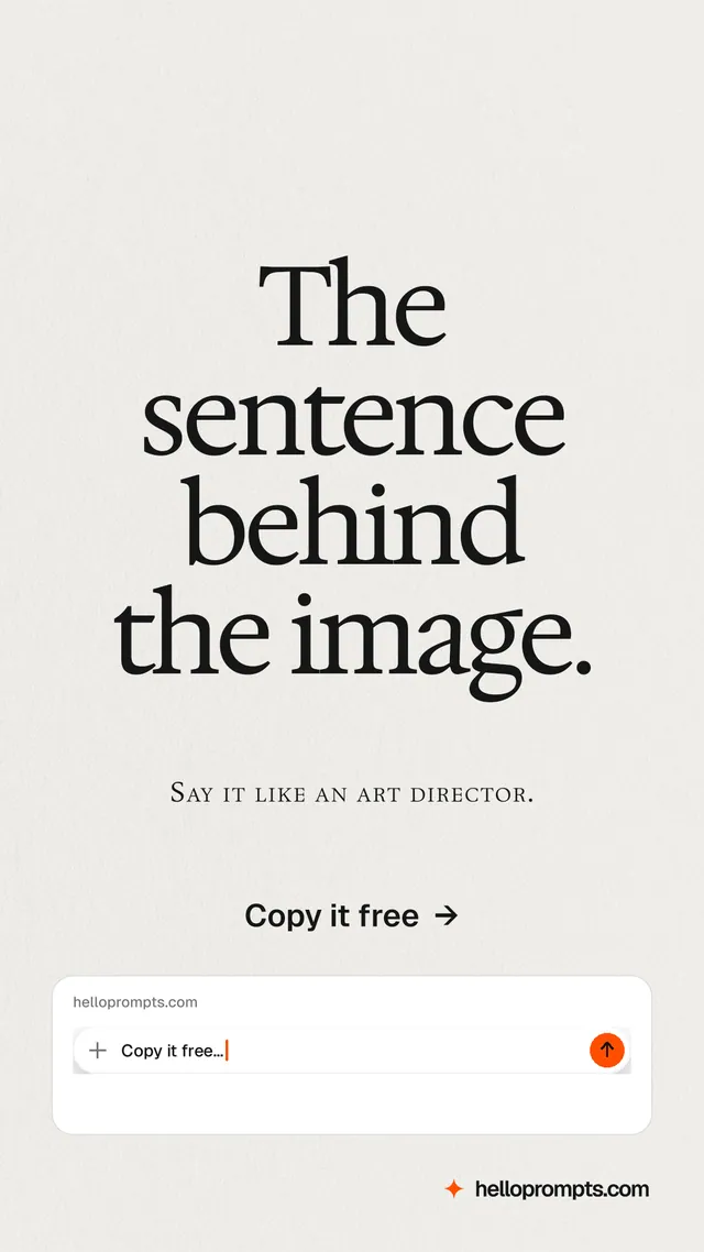 Instagram story for HelloPrompts: "The sentence behind the image." Swiss style, smallcaps layout, light palette in white, grey.