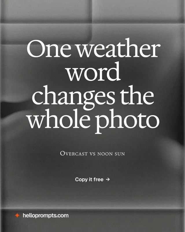 Instagram portrait post for HelloPrompts: "One weather word changes the whole photo". Swiss style, smallcaps layout, dark palette in grey, black.