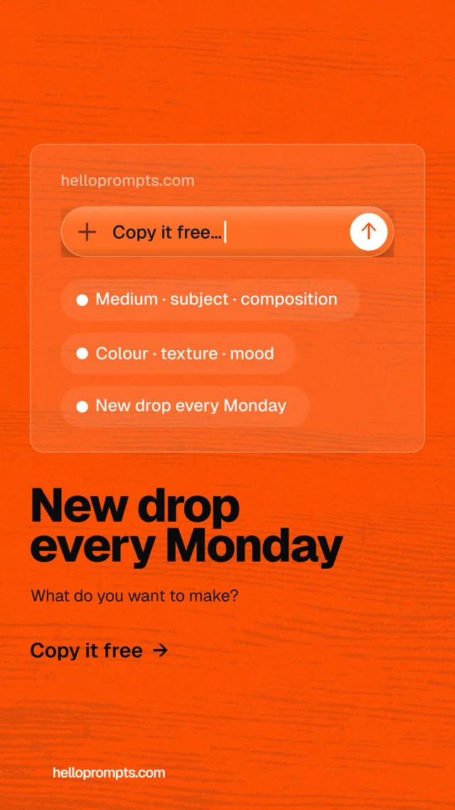 Instagram story for HelloPrompts: "New drop every Monday". Turn card style, bottom layout, light palette in orange.