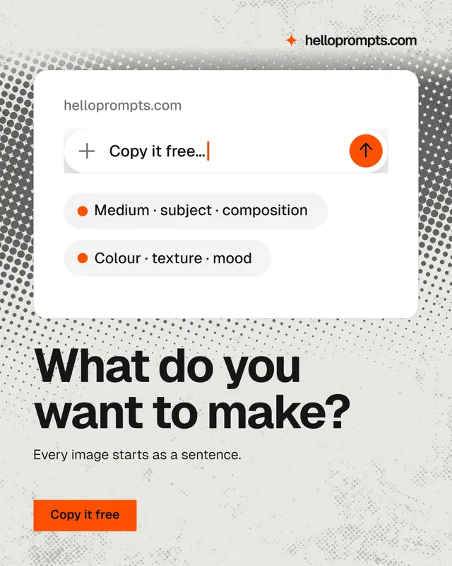 Instagram portrait post for HelloPrompts: "What do you want to make?" Swiss style, bottom layout, light palette in white, grey.