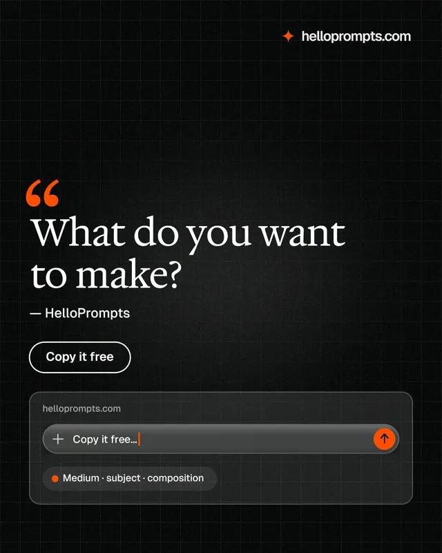 Instagram portrait post for HelloPrompts: "What do you want to make?" Phosphor atlas style, quote layout, dark palette in black.