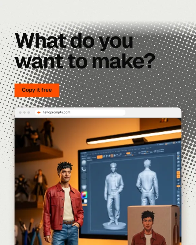 Instagram portrait post for HelloPrompts: "What do you want to make?" Swiss style, browser layout, light palette in brown, black, grey.