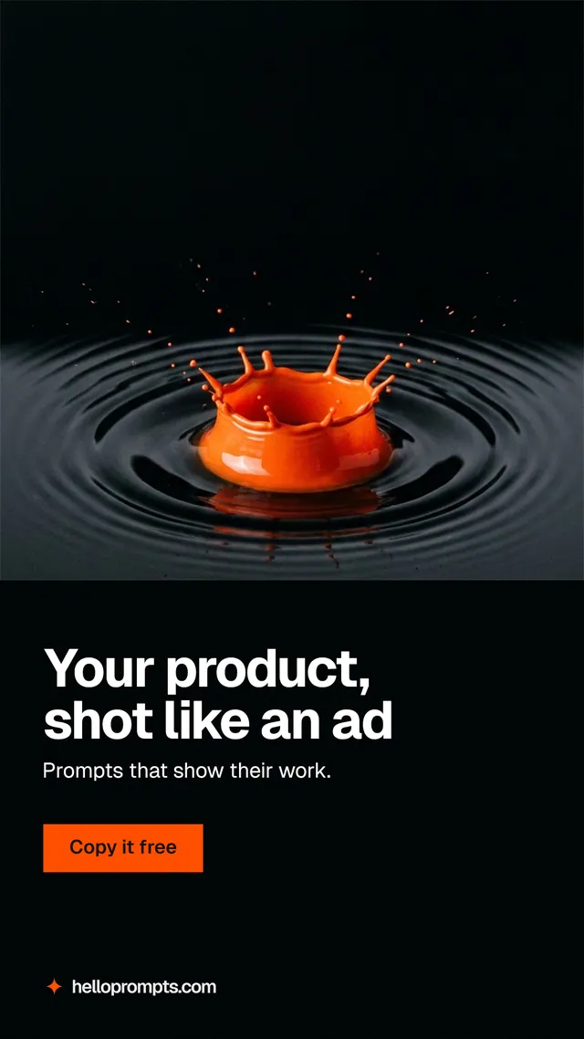 Instagram story for HelloPrompts: "Your product, shot like an ad". Swiss style, bottom layout, dark palette in black, grey.