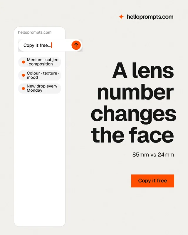 Instagram portrait post for HelloPrompts: "A lens number changes the face". Swiss style, right layout, light palette in white, grey.