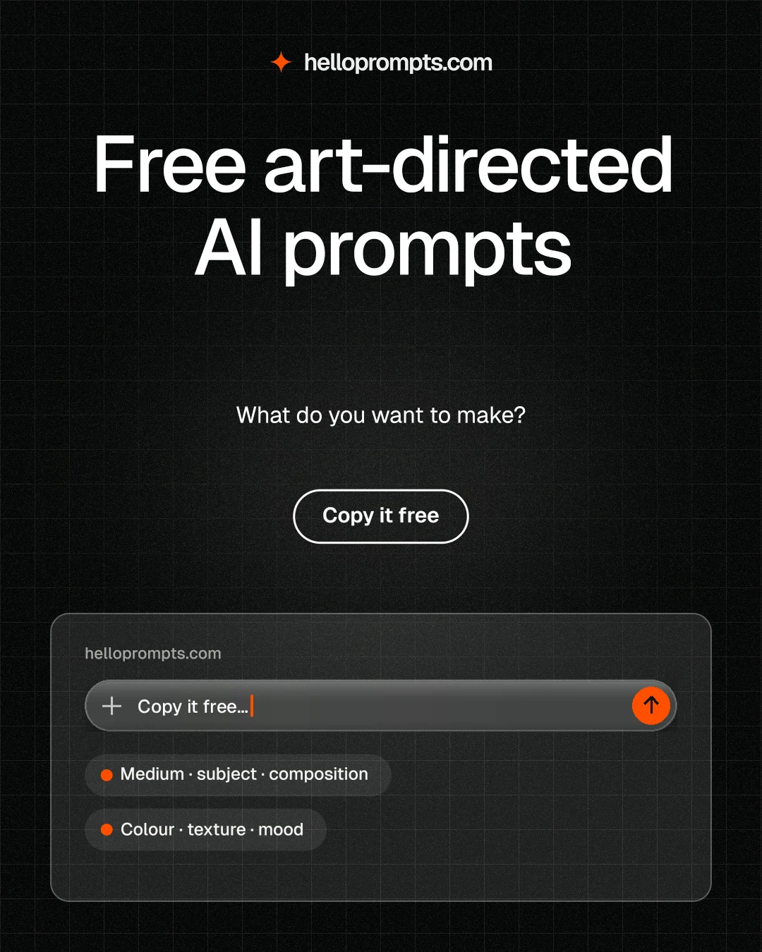 Instagram portrait post for HelloPrompts: "Free art-directed AI prompts". Phosphor atlas style, centred layout, dark palette in black, grey.