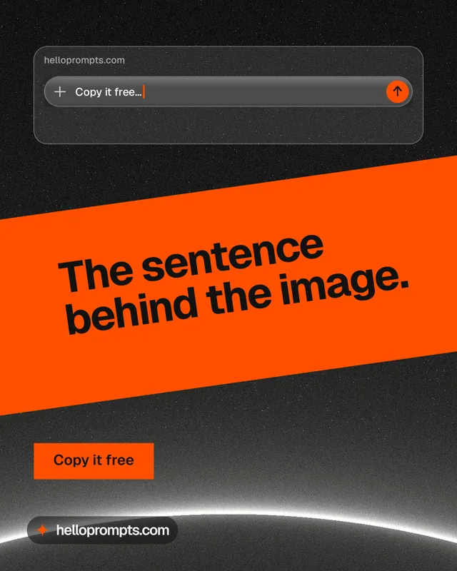 Instagram portrait post for HelloPrompts: "The sentence behind the image." Swiss style, diagonal layout, dark palette in orange, black.