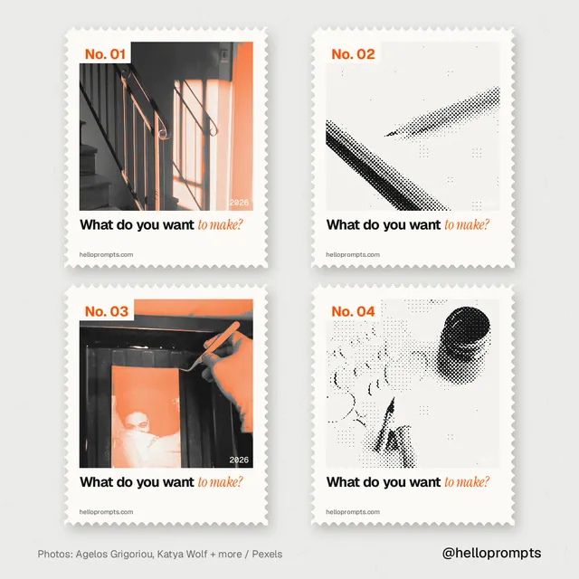 Instagram post for HelloPrompts: "What do you want to make?" Sheet style, technique:stamp series layout, light palette in white, grey.