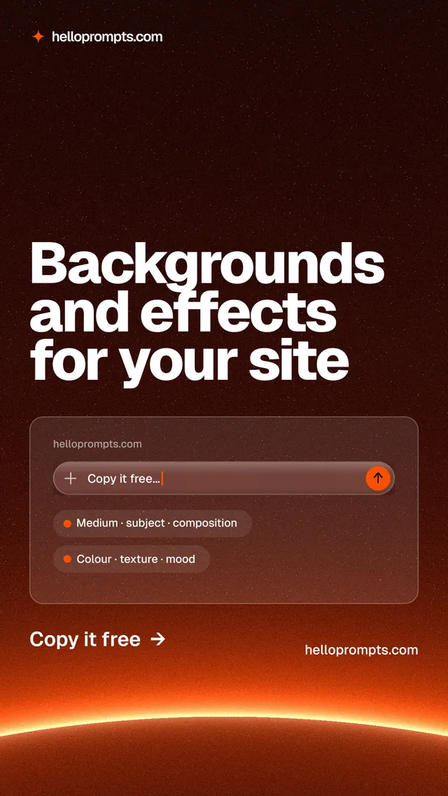 Instagram story for HelloPrompts: "Backgrounds and effects for your site". Turn card style, poster layout, dark palette in red, black, orange.