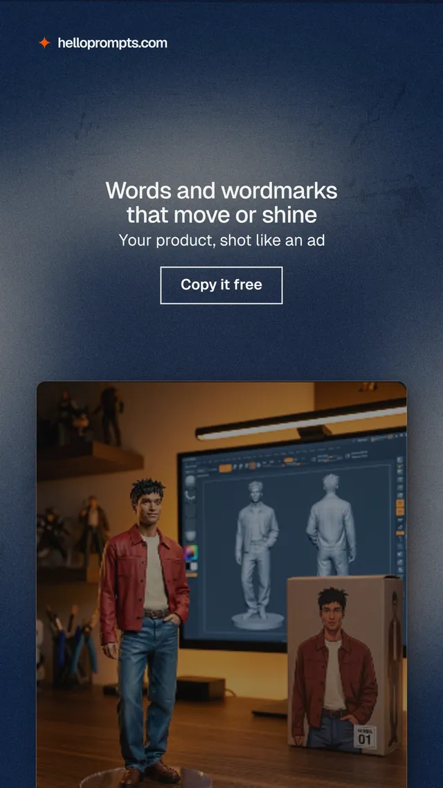 Instagram story for HelloPrompts: "Words and wordmarks that move or shine". Cyanotype style, centred layout, dark palette in grey, orange, black.