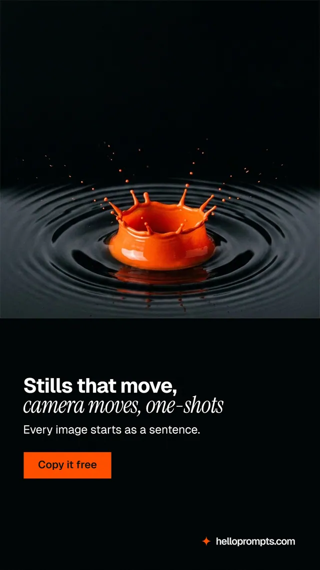 Instagram story for HelloPrompts: "Stills that move, camera moves, one-shots". Swiss style, bottom layout, dark palette in black.
