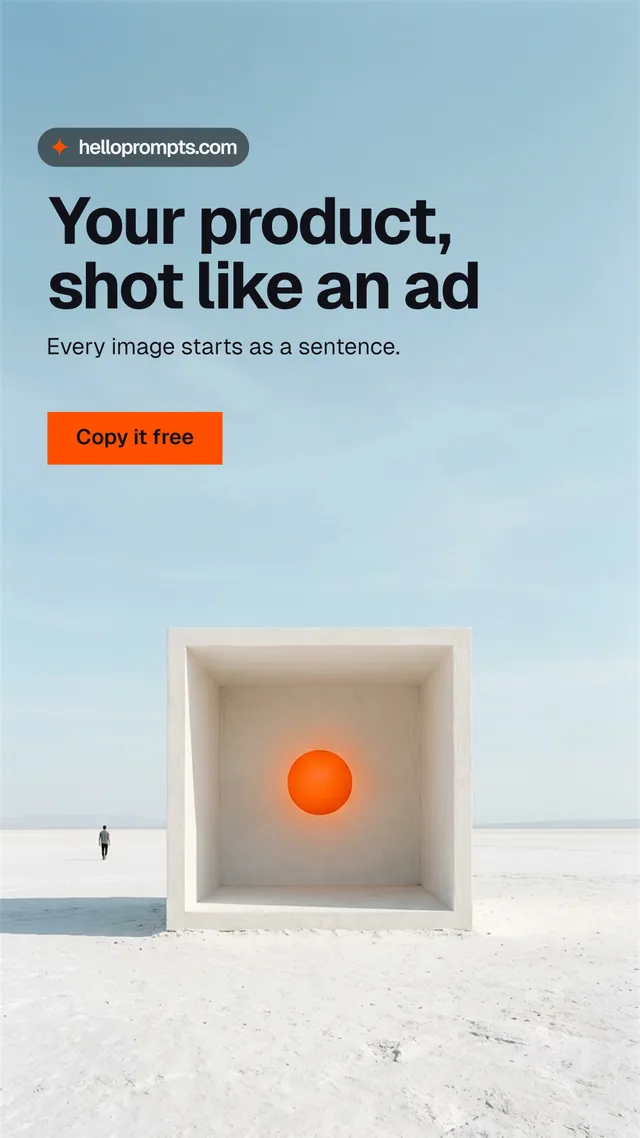 Instagram story for HelloPrompts: "Your product, shot like an ad". Swiss style, bottom layout, light palette in blue, grey, white.