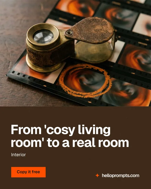 Instagram portrait post for HelloPrompts: "From 'cosy living room' to a real room". Swiss style, bottom layout, dark palette in orange, black, grey.