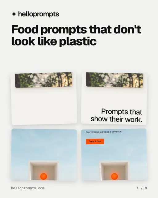 Carousel for HelloPrompts: "Food prompts that don't look like plastic". Collection carousel, 8 slides, light palette.