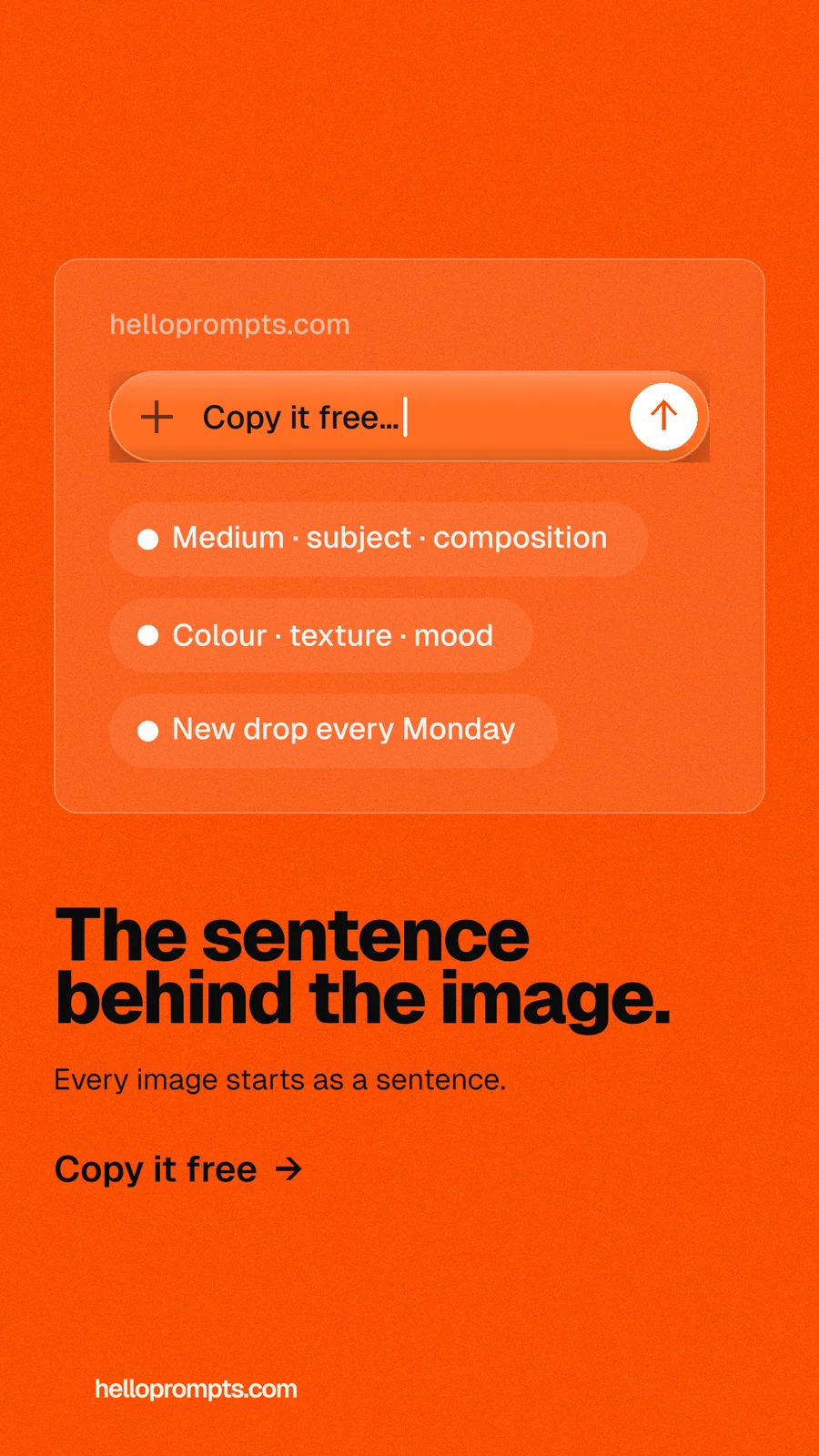 Instagram story for HelloPrompts: "The sentence behind the image." Turn card style, bottom layout, light palette in orange.
