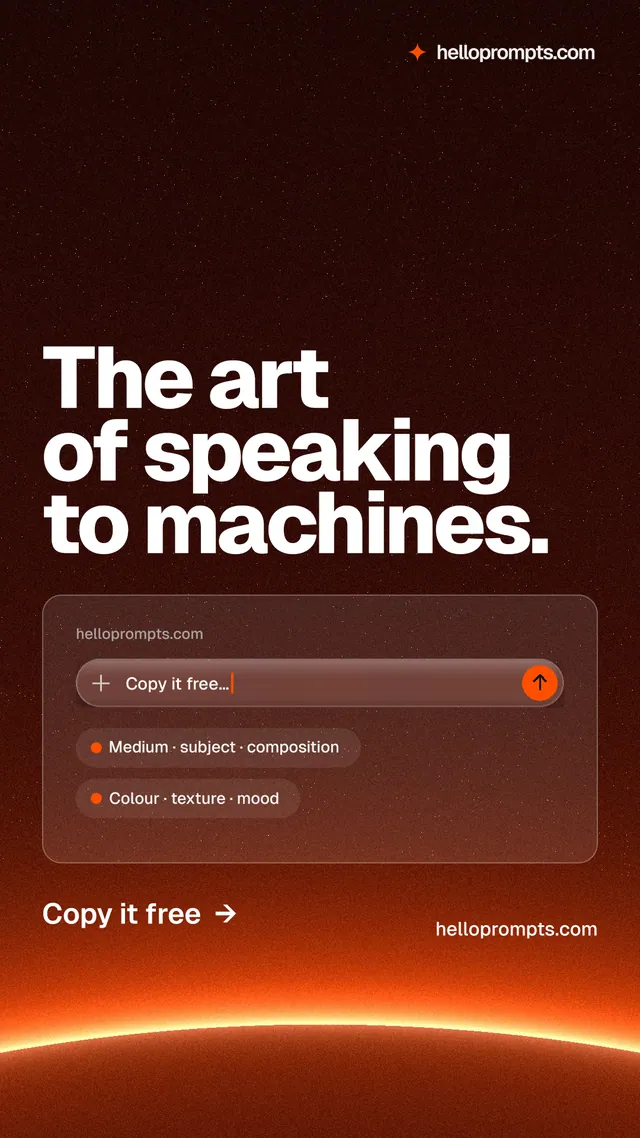 Instagram story for HelloPrompts: "The art of speaking to machines." Turn card style, poster layout, dark palette in red, black, orange.