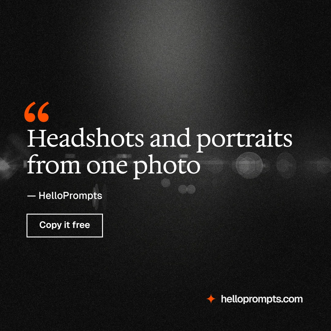 Instagram post for HelloPrompts: "Headshots and portraits from one photo". Dark deco style, quote layout, dark palette in black, grey.