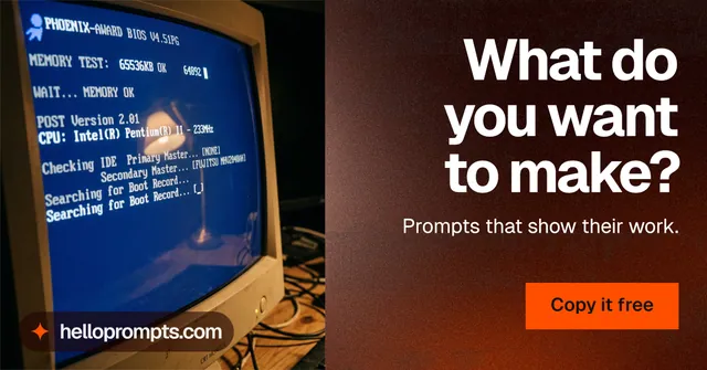 Social ad for HelloPrompts: "What do you want to make?" Swiss style, right layout, dark palette in red, black, grey.