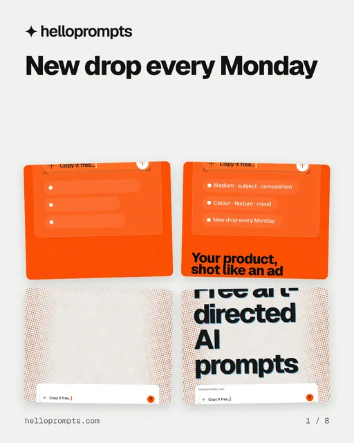 Carousel for HelloPrompts: "New drop every Monday". Collection carousel, 8 slides, light palette.