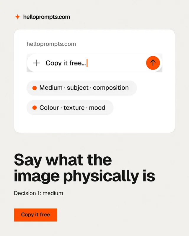Instagram portrait post for HelloPrompts: "Say what the image physically is". Swiss style, bottom layout, light palette in white, grey.