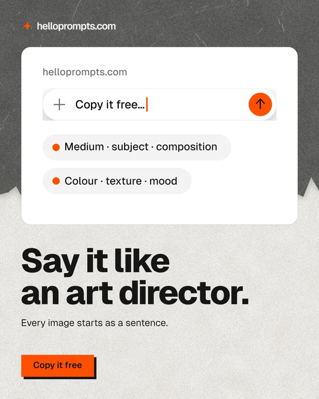 Instagram portrait post for HelloPrompts: "Say it like an art director." Paper trio style, bottom layout, light palette in white, grey.