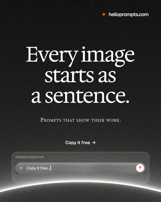 Instagram portrait post for HelloPrompts: "Every image starts as a sentence." Swiss style, smallcaps layout, dark palette in black, grey.
