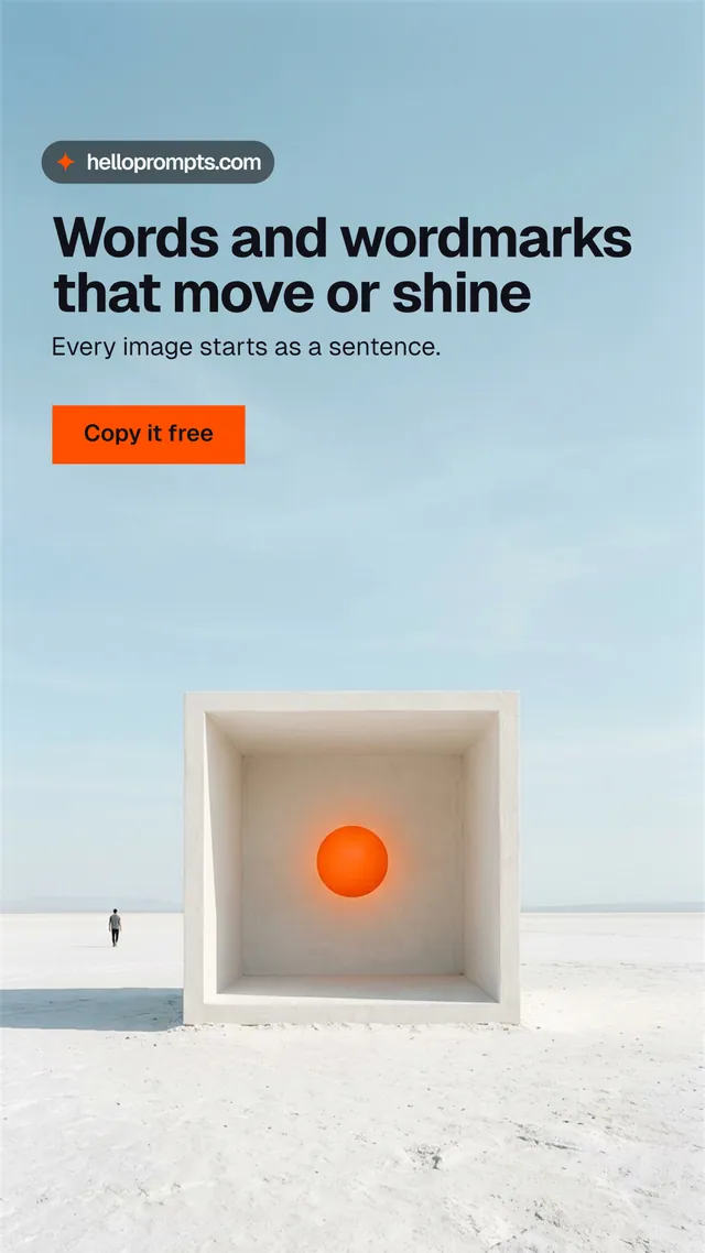 Instagram story for HelloPrompts: "Words and wordmarks that move or shine". Swiss style, bottom layout, light palette in blue, grey, white.