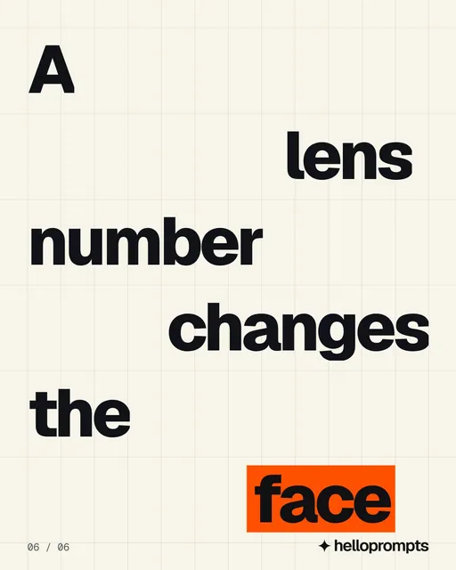 Video for HelloPrompts: "A lens number changes the face". Kinetic type grid, 6.0 s, light palette.