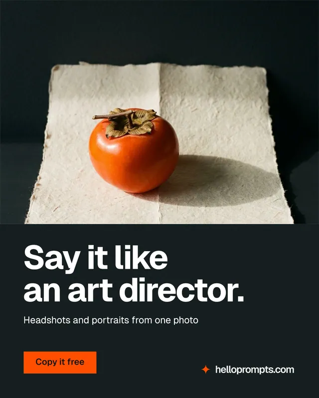 Instagram portrait post for HelloPrompts: "Say it like an art director." Swiss style, bottom layout, dark palette in black, orange.