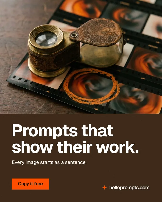 Instagram portrait post for HelloPrompts: "Prompts that show their work." Swiss style, bottom layout, dark palette in orange, grey, black.