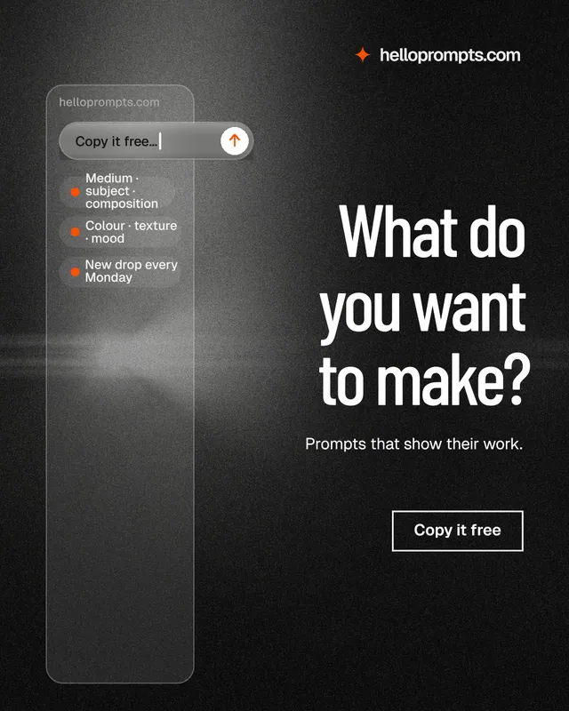 Instagram portrait post for HelloPrompts: "What do you want to make?" Dark deco style, right layout, dark palette in black, grey.