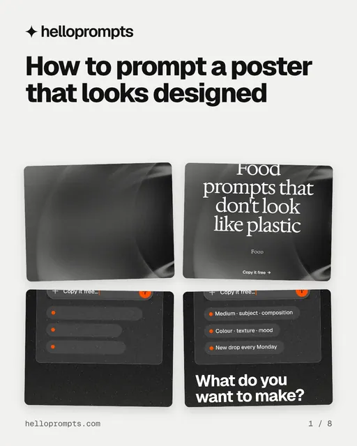 Carousel for HelloPrompts: "How to prompt a poster that looks designed". Collection carousel, 8 slides, light palette.