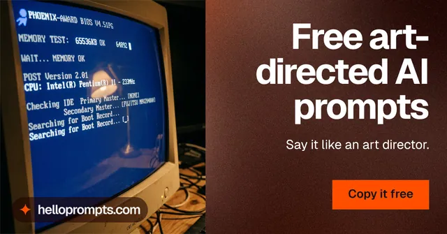 Social ad for HelloPrompts: "Free art-directed AI prompts". Swiss style, right layout, dark palette in red, black, grey.