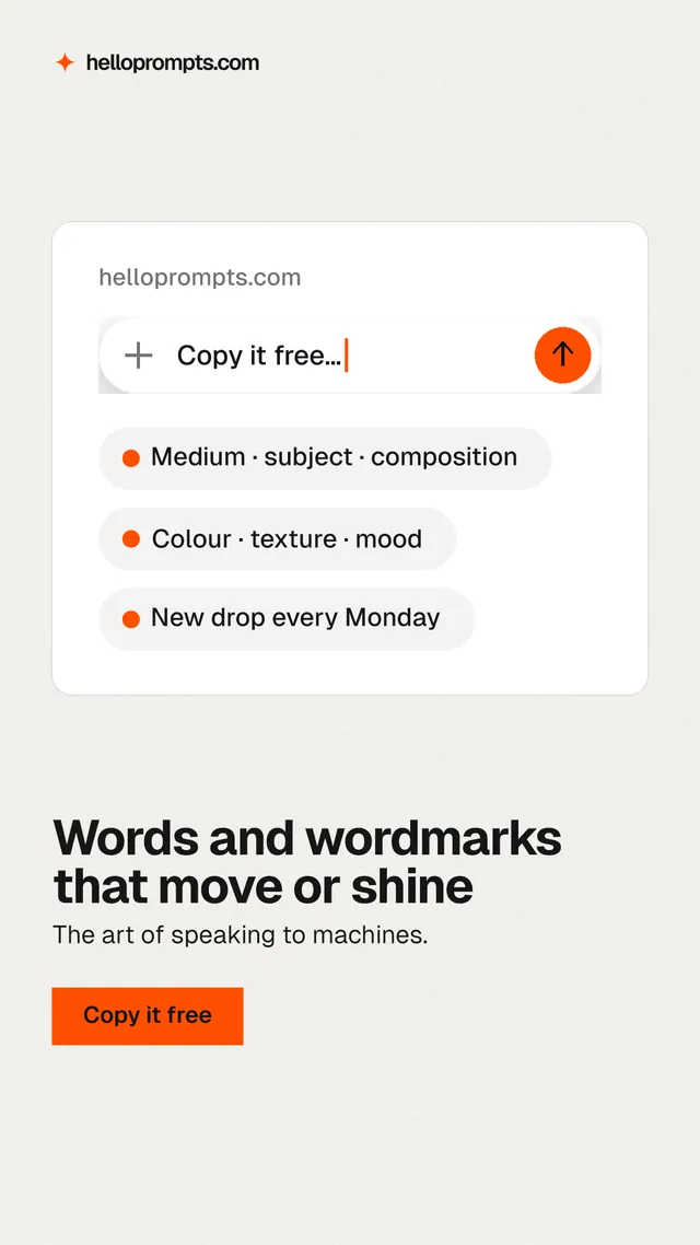 Instagram story for HelloPrompts: "Words and wordmarks that move or shine". Swiss style, bottom layout, light palette in white, orange.